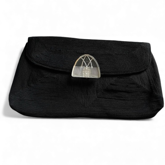Large Black Needlecord Clutch Purse with Art Deco Clasp